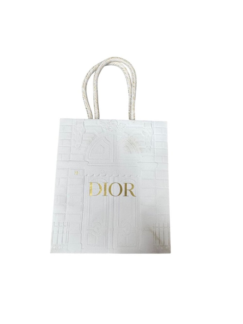 Christian Dior Gold Logo Embossed White Boutique Gift Bag Rope Handles 5.25” X 6